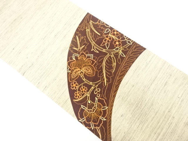 JAPANESE NAGOYA OBI / TSUMUGI / EMBROIDERY / CHINESE FLOWER